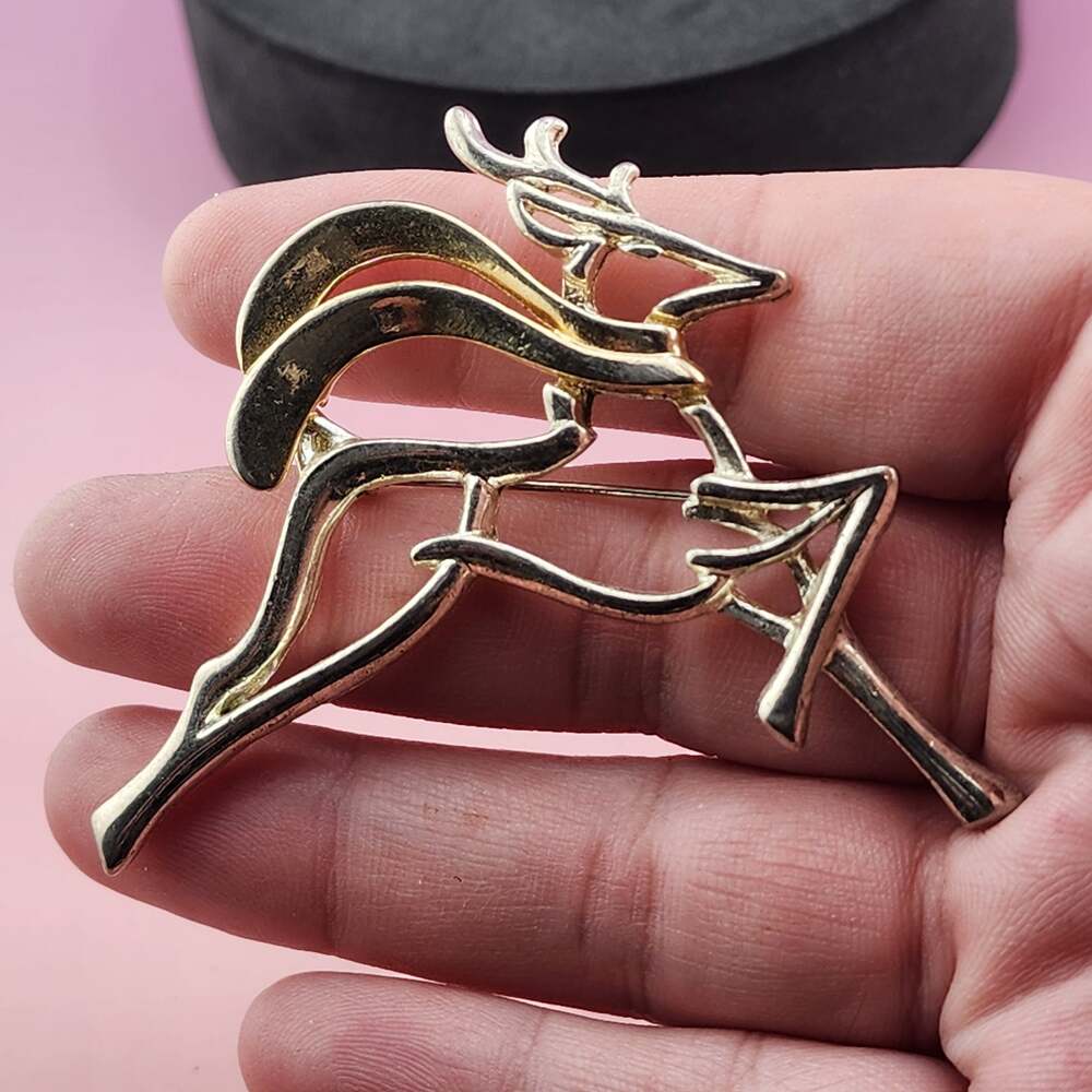 Vintage 90s Leaping Reindeer Brooch Two Tone Gold Silver Modernist Christmas Pin